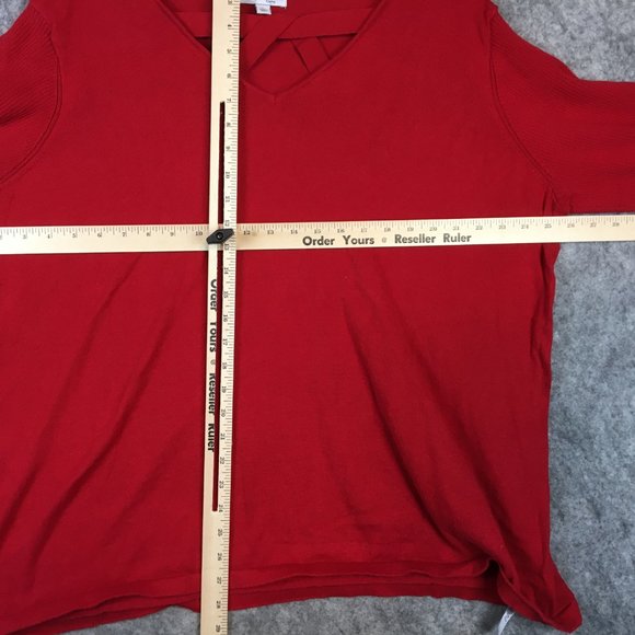 Kim Rogers Top 2X V Neck Strappy Front Fine Gauge Knit Sweater Long Sleeve Red - Picture 9 of 11